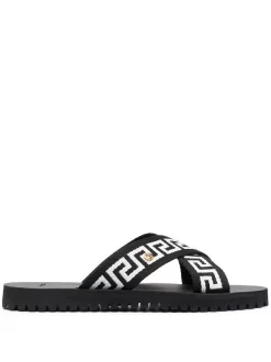 Versace 2B02V Nero-bianco-oro Sandales à Motif Greca Homme