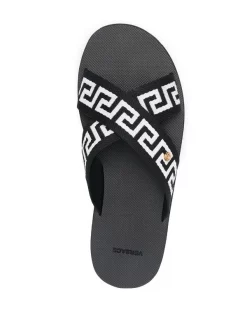 Versace 2B02V Nero-bianco-oro Sandales à Motif Greca Homme -Pas Cher Versace Boutique 16360100 31522011 600