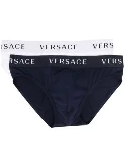 Versace A40I BIANCO BLUE Lot De Deux Slips à Logo Homme