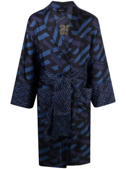 Versace Peignoir La Greca En Soie à Motif Monogrammé Z7404 BLACK/ BLUE