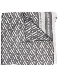 Versace 2B050 BLACK/ GREY écharpe En Soie Mélangée à Motif Géométrique Femme