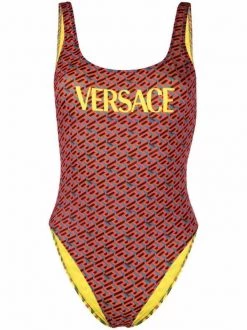 ( Positively Conscious ) Versace 5R080 ORANGEPEEL+REGAL BLUE Maillot De Bain à Imprimé Géométrique Femme