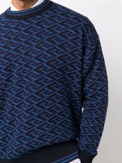Versace Pull La Greca à Motif Géométrique 5U180 BLUE NAVY + BLACK -Pas Cher Versace Boutique 16817326 35551047 600