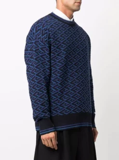 Versace Pull La Greca à Motif Géométrique 5U180 BLUE NAVY + BLACK -Pas Cher Versace Boutique 16817326 35551066 600