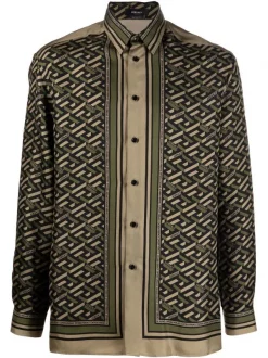 Versace Chemise En Soie à Imprimé Géométrique 5B160 BLACK MILITARY
