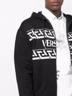 ( Positively Conscious ) Versace 1B000 BLACK Hoodie Zippé à Logo Imprimé Homme -Pas Cher Versace Boutique 16817345 34802840 600