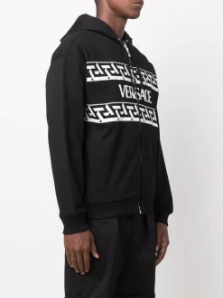 ( Positively Conscious ) Versace 1B000 BLACK Hoodie Zippé à Logo Imprimé Homme -Pas Cher Versace Boutique 16817345 34803085 600