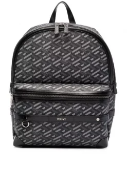 Versace 5B05E Black+Gray-Ruthenium Sac à Dos En Cuir à Logo Imprimé Homme