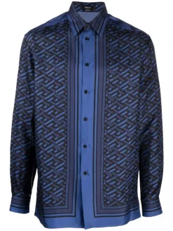 Versace Chemise En Soie La Greca 5U180 BLUE/ BLACK