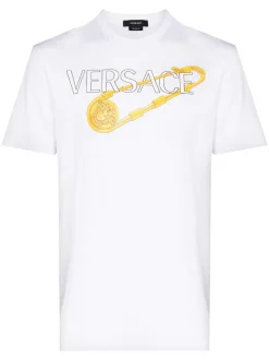 Versace T-shirt Safety Pin à Logo Imprimé 1W000 BIANCO OTTICO