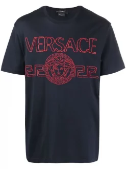 ( Nouvelle Collection ) Versace 1U610 NAVY T-shirt à Logo Brodé Homme