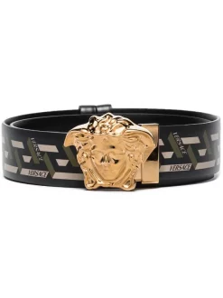 ( Access Edit ) Versace 5B15V NERO/ORO/KAKI Ceinture à Imprimé Greca Homme