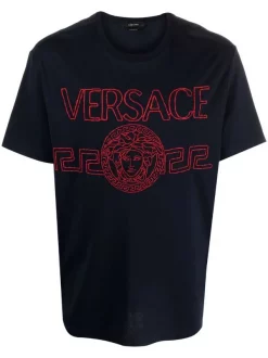 Versace 1U610 NAVY T-shirt à Logo Brodé Homme