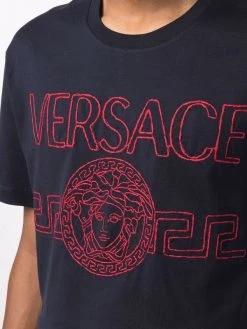 Versace 1U610 NAVY T-shirt à Logo Brodé Homme -Pas Cher Versace Boutique 16958469 33838133 600
