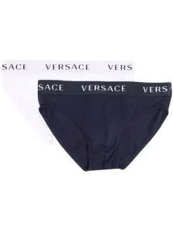 Versace A401 BIANCO/ BLU Lot De Deux Slips à Bande Logo Homme