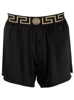 Versace 1B000 BLACK Short De Pyjama En Soie à Bordure Greca Homme