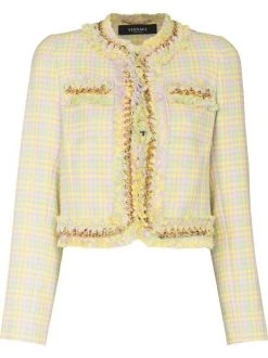 ( Nouvelle Collection ) Versace 6Y060 PINEAPPLE+MULTICOLOR Veste En Tweed à Motif Pied-de-poule Femme