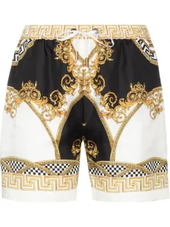 ( Nouvelle Collection ) Versace Short En Soie à Imprimé Barocco 5W170 BIANCO+ORO+NERO