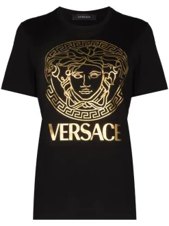 ( Nouvelle Collection ) Versace 2B130 NERO ORO T-shirt à Logo Medusa Imprimé Femme