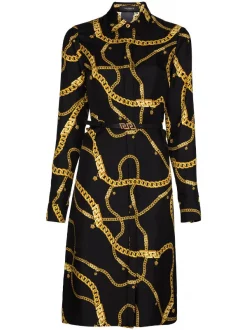 ( Nouvelle Collection ) Versace Robe-chemise En Soie Greca Chain à Taille Ceinturée Femme