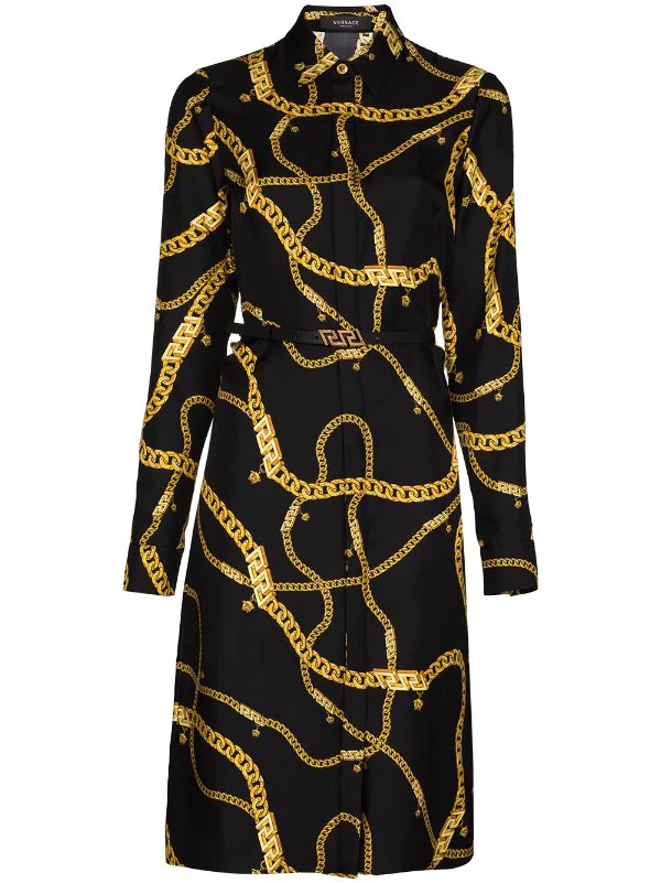( Nouvelle Collection ) Versace Robe-chemise En Soie Greca Chain à Taille Ceinturée Femme 1 ( Nouvelle Collection ) Versace Robe-chemise En Soie Greca Chain à Taille Ceinturée Femme