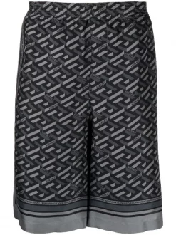 Versace 5B050 Black+Grey Short En Soie à Imprimé Greca Homme