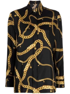 ( Nouvelle Collection ) Versace Chemise En Soie à Logo Imprimé 5B000 BLACK GOLD