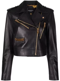 Versace 1B000 BLACK Veste De Moto Crop à Doublure Logo Femme