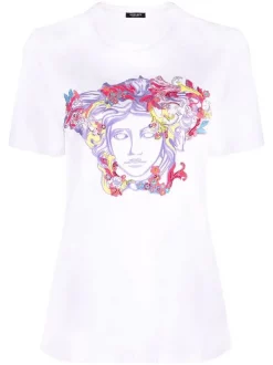 ( Nouvelle Collection ) Versace 1W000 OPTICAL WHITE T-shirt Medusa à Ornements Strassés Femme