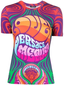 ( Nouvelle Collection ) Versace 5R010 ORANGE MULTICOLOR T-shirt à Imprimé Medusa Music Femme