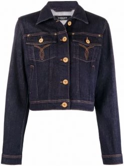 ( Nouvelle Collection ) Versace Veste En Jean Crop à Imprimé Medusa 1D100 Dark Blue