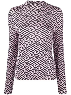 ( Nouvelle Collection ) Versace Haut En Soie La Greca à Manches Longues Femme