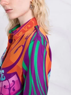 ( Nouvelle Collection ) Versace 5R010 ORANGE MULTICOLOR Chemise Medusa En Soie à Logo Imprimé Femme -Pas Cher Versace Boutique 17322796 36428974 600