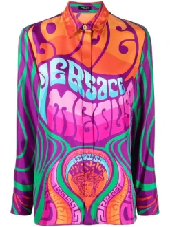 ( Nouvelle Collection ) Versace 5R010 ORANGE MULTICOLOR Chemise Medusa En Soie à Logo Imprimé Femme