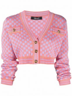 ( Nouvelle Collection ) Versace 2R500 CORAL + ORCHID Cardigan Crop à Damier Femme