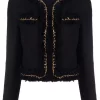 ( Nouvelle Collection ) Versace 1B000 BLACK Veste Crop En Tweed à Détail De Chaîne Femme