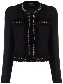 ( Nouvelle Collection ) Versace 1B000 BLACK Veste Crop En Tweed à Détail De Chaîne Femme