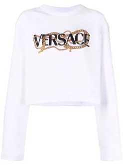 ( Nouvelle Collection ) Versace 1W000 OPTICAL WHITE Sweat Crop à Imprimé Baroque Femme
