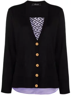( Nouvelle Collection ) Versace Cardigan La Greca à Empiècements Contrastants 5L160 ORCHID + BLACK