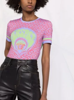 ( Nouvelle Collection ) Versace T-shirt à Imprimé Greca 5R140 CORAL+ORCHID -Pas Cher Versace Boutique 17322827 37891782 600