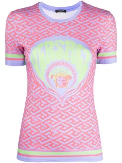 ( Nouvelle Collection ) Versace T-shirt à Imprimé Greca 5R140 CORAL+ORCHID