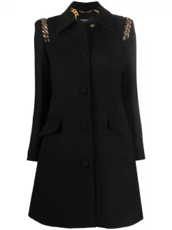 ( Nouvelle Collection ) Versace 1B000 BLACK Manteau évasé En Laine à Détails De Chaînes Femme
