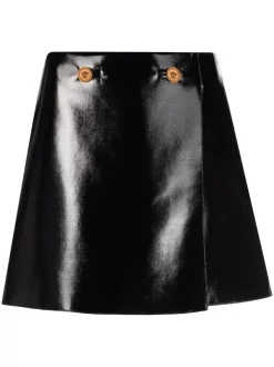 ( Nouvelle Collection ) Versace 1B000 BLACK Jupe Portefeuille En Laine à Effet Enduit Femme