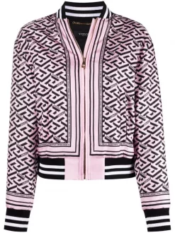 ( Nouvelle Collection ) Versace Veste Bomber La Greca En Soie 5P210 CANDY + BLACK