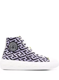 ( Nouvelle Collection ) Versace 5L19P ORCHID + BLACK + MULTICOLOR Baskets Montantes à Patch Medusa Head Femme