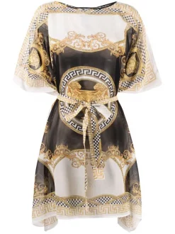 ( Nouvelle Collection ) Versace Robe En Soie à Imprimé Barocco 5W170 WHITE + GOLD + BLACK