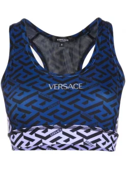( Nouvelle Collection ) Versace 6U680 BLUE Brassière De Sport Colour Block à Imprimé Greca Femme