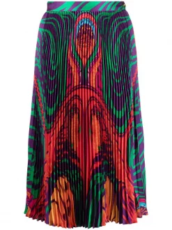 ( Nouvelle Collection ) Versace 5R010 ORANGE+MULTICOLOR Jupe Mi-longue Plissée à Imprimé Medusa Music Femme