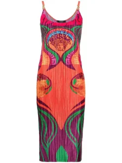 ( Nouvelle Collection ) Versace Robe Plissée à Logo Imprimé 5R010 ORANGE MULTICOLOR