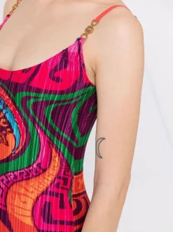 ( Nouvelle Collection ) Versace Robe Plissée à Logo Imprimé 5R010 ORANGE MULTICOLOR -Pas Cher Versace Boutique 17333829 38678287 600